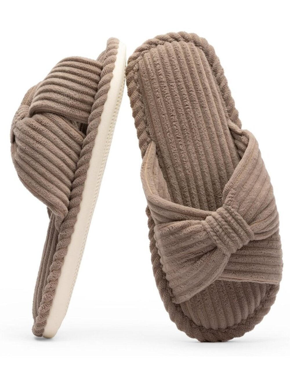Women's Brown Corduroy Bow Cozy Comfortable Bedroom Spa Open Toe Slipper Shoes